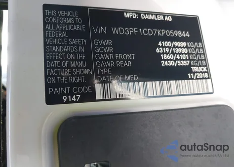 2019 Mercedes-Benz Sprinter 2500 High Roof V6 из США, поврежденный, VIN WD3PF1CD7KP059855